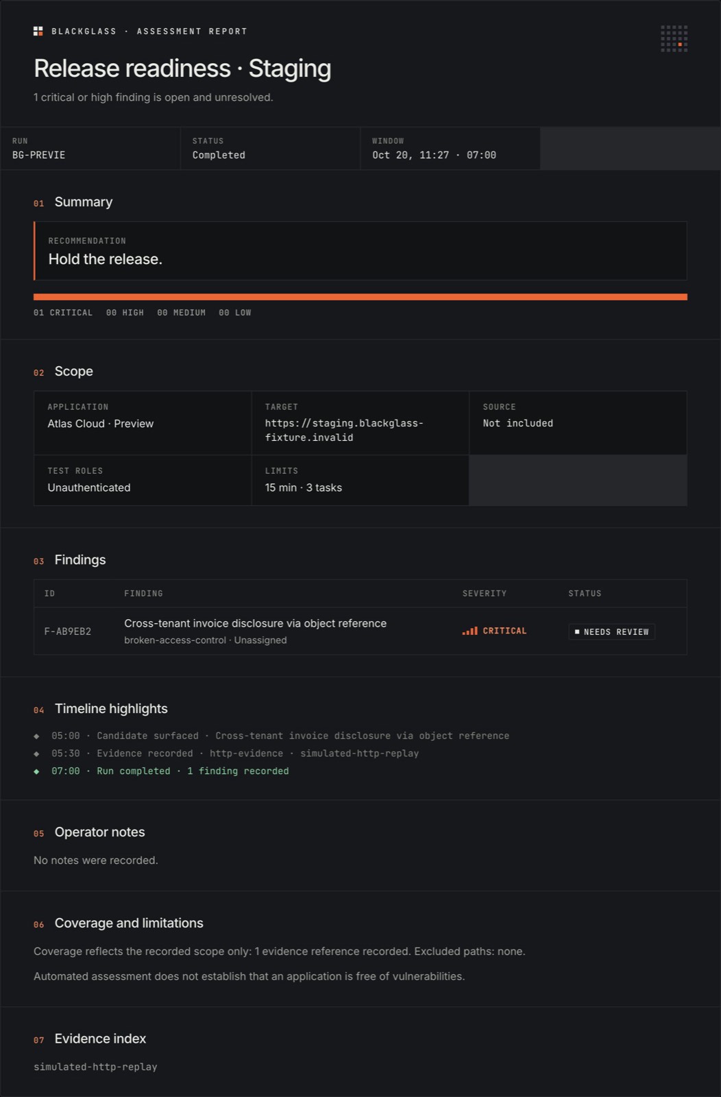 Assessment report for a release, sample data